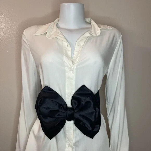 Black wide elastic waistband belt with black satin bow - Picture 1 of 8